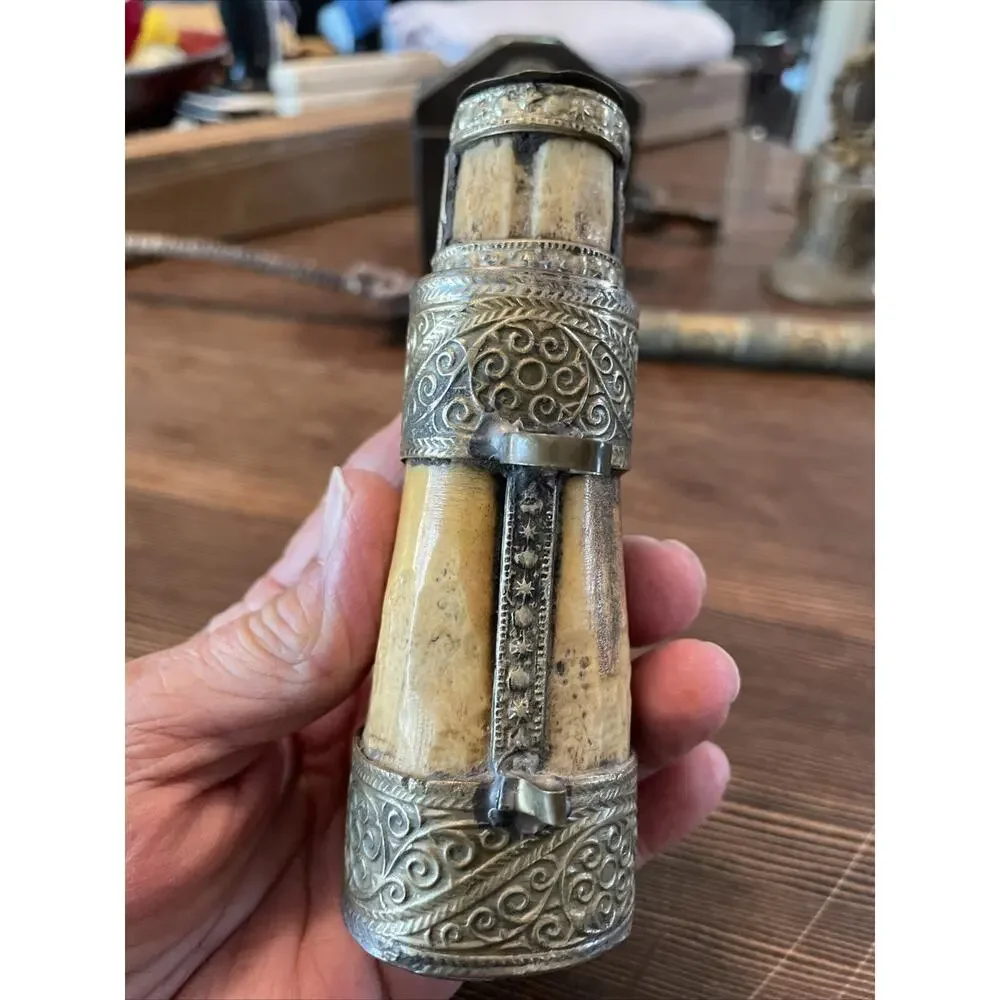 Vntg Carved Snuff Bottle Bovine Bone Silver Brass Turquoise Coral 5”Tibetan